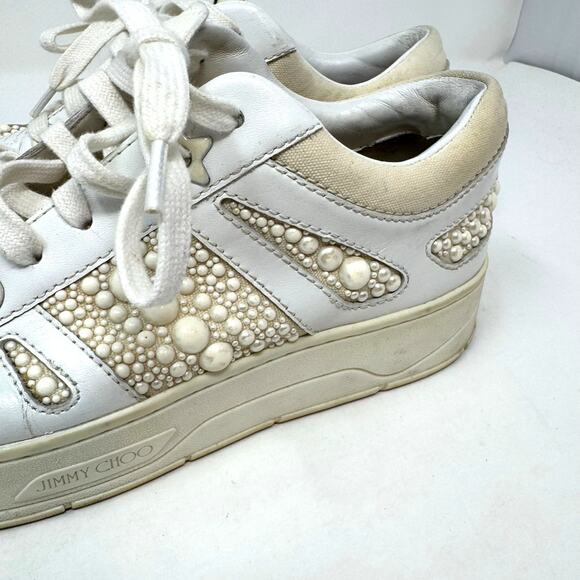 Jimmy Choo Hawaii Leather Pearl Sneakers Shoes 37.5 7.5 White Embellished - Picture 2 of 12